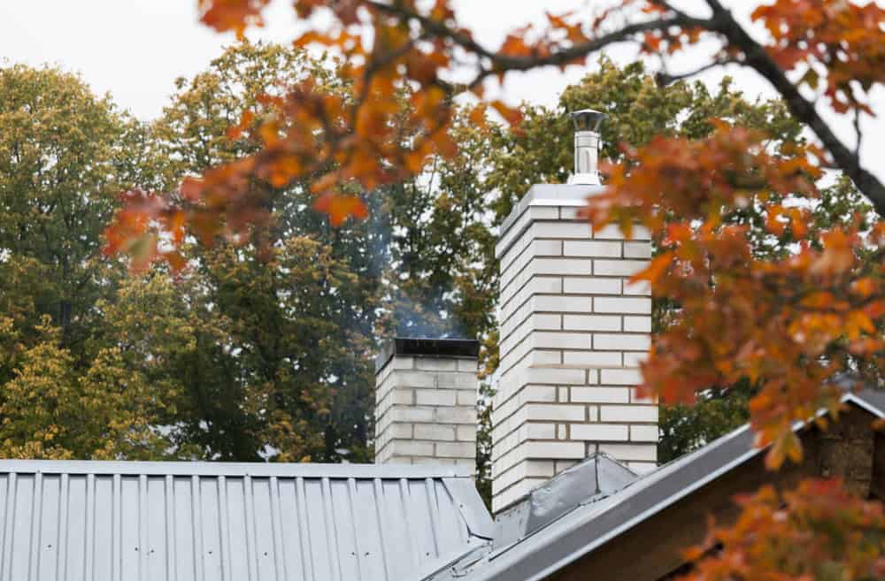 A rooftop with Chimney Caps on two brick chimneys, one emitting smoke. The foreground features autumn leaves in vibrant shades of orange and red. Trees with green and golden foliage fill the background under an overcast sky.
